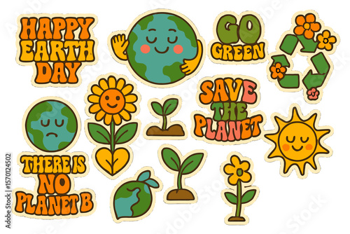 Eco-friendly y2k retro cartoon stickers set featuring happy earth day ecology designs and trendy environment day badges isolated on a dark background as an ecological vector illustration