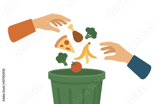 Vector illustration of hands intentionally discarding food, ideal for International Day of awareness regarding food loss and waste, suitable for greeting cards and celebrations