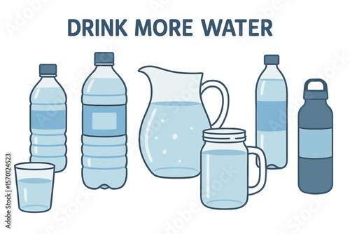 A collection of water bottles and containers, including glasses, jugs, jars, and flasks, filled with clean water and set against a white background, emphasizing the importance of drinking more water