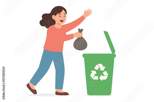 Vector illustration of a happy woman disposing of waste into a green recycling bin with a symbol, isolated from the background