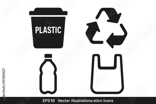 Vector icons for separating plastic waste are available in ready-to-use sets, featuring high-contrast elements suitable for various scales and mediums, and come in EPS10 format