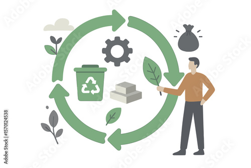 A tiny person is depicted in a circular economy system that incorporates a resource-saving strategy, emphasizing the importance of saving materials, reducing waste, and utilizing recycling management