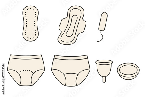Minimalist Lineart Illustrations of Various Period Products like Pantyliner, Sanitary Napkin, Tampon, Disposable Menstrual Pants, Period Underwear, Menstrual Cup, and Menstrual Disc
