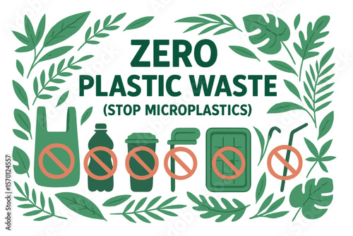 Vector banner illustration template featuring a tropical leaves pattern background, promoting Zero Plastic Waste by stopping the use of single-use plastic items such as bags, bottles, cups, trays