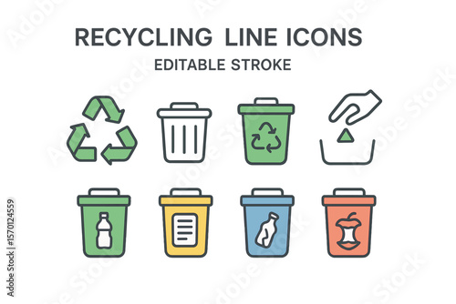 Vector graphics of a recycling line icon set and waste sorting outline signs with editable stroke