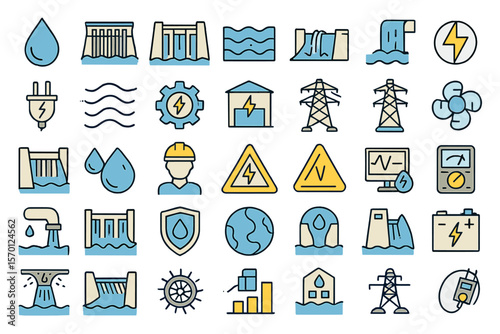 Collection of 50 line icons associated with hydroelectric power, hydro, station, dam, water, energy, waterfall, electricity, turbine, featuring an editable stroke, presented as a vector illustration