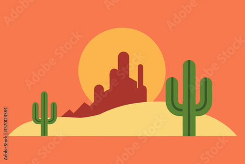 Desert with Cacti in Line Art Style