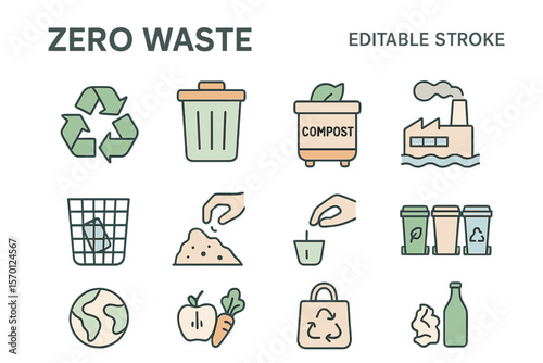 A set of web icons in line style, known as Zero Waste, comprises eco linear icons for recycling, waste management, composting, trash, pollution, landfill, composting, and waste sorting, with editable