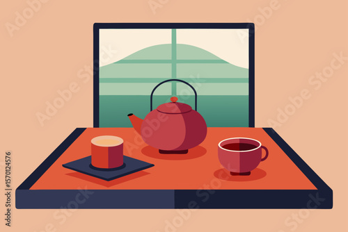 Japanese Tea Set on Tatami Mat Tranquil Scene