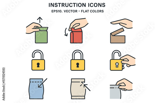 A collection of instruction icons including openings, locks, and tear notches, ideal for incorporation into packaging design, available in EPS10 format