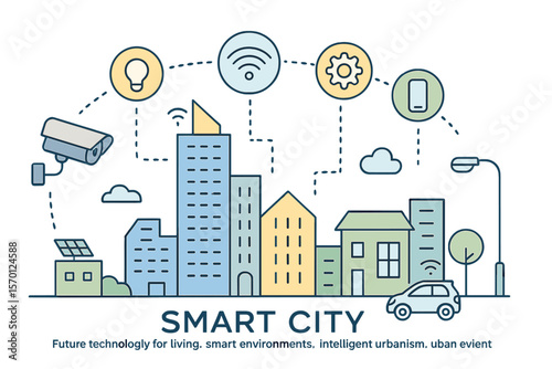 Mono line infographics design representing a vector linear illustration of smart city and internet of things, incorporating future technology for living, smart environments, intelligent urbanism and