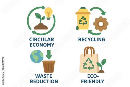 Eco-friendly resource management and waste reduction through innovative recycling concepts, as part of a circular economy set that promotes sustainable living, depicted in a flat vector illustration