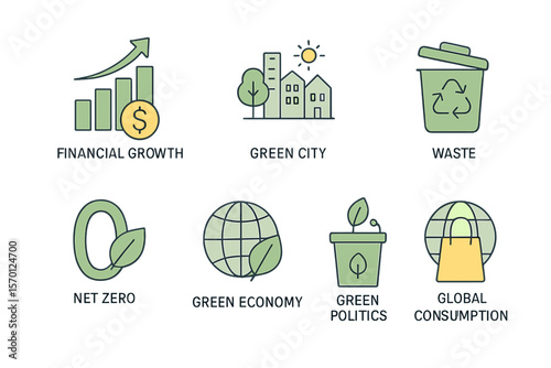 Collection of thin line circular economy icons, including financial growth, green city, waste, net zero, green economy, green politics, and global consumption, presented as a vector illustration for