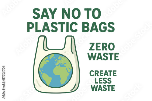 Campaign to reduce plastic usage, create less waste, and promote ecology conversation with zero waste, as symbolized by a white polythene bag with a planet inside, to combat the pollution problem