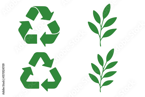A collection of green recycling symbols and foliage with leaves, set against a white backdrop, ideal for environmentally conscious design and sustainable packaging, promoting a zero-waste lifestyle