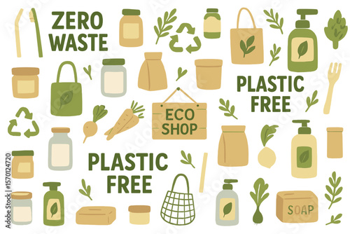 Eco-friendly stores adopting zero waste and plastic-free concepts featuring natural products and ecological packaging in a seamless pattern design
