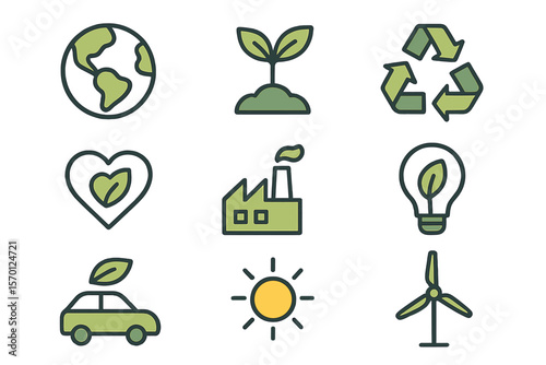 A modern geometric background featuring a set of ecology icons in a flat minimalist style with simple shapes, suitable for use in flyers, posters, banners, and covers to represent environment