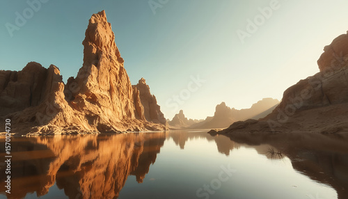 Reflective Tranquility: A breathtaking desert landscape showcases majestic rock formations mirrored in the serene surface of a calm lake, under a clear, expansive sky.