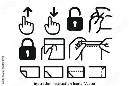 A collection of instruction icons including openings, locks, and tear notches, provided as vector elements, ideal for incorporating into packaging design, available in EPS10 format