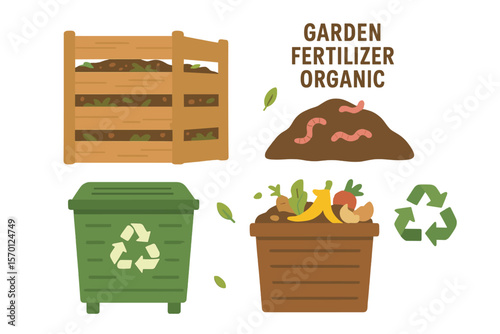 A collection of wooden and plastic garden composting bins for creating organic fertilizer with worms, promoting sustainable living through organic waste recycling