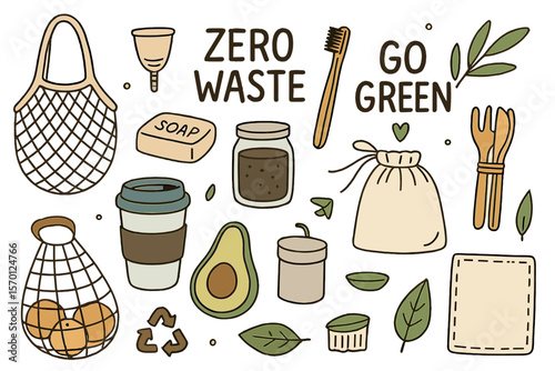 Vector set of hand drawn zero waste lifestyle elements, including natural and ecological objects, representing the go green concept as isolated items