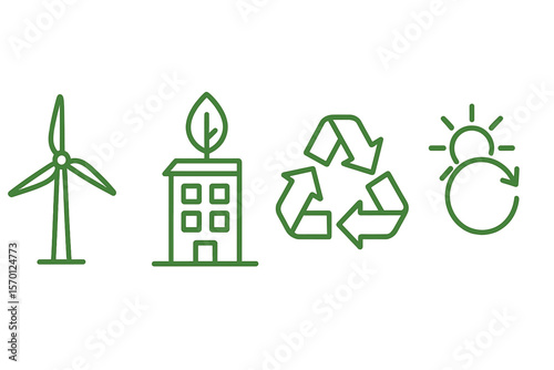 Eco friendly building, wind turbine, recycled, and renewable resources outlined vector icon set representing green sustainable energy icons