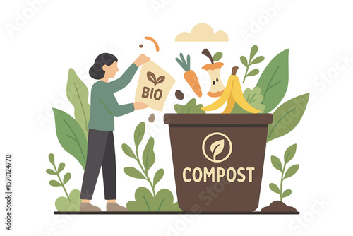 Vector illustration of tiny person concept for food waste recycling and eco-friendly junk composting, disposing of grocery leftovers with biodegradable materials and zero waste management through a
