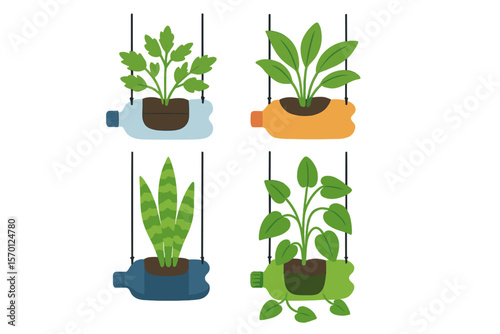 Colourful vector illustration of vertical gardening concept, featuring green plants in pots made from plastic bottles, showcasing zero waste, upcycling, and reuse of utilized materials, isolated on a