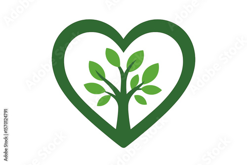 Vector illustration representing love for nature through symbols like a tree inside a heart, promoting a sustainable lifestyle, environmental protection, and a biodegradable way of life