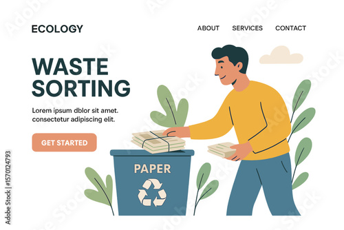 Modern flat vector concept illustration of a young man disposing of paper journals in a garbage container designated for paper waste, representing ecology and waste sorting, suitable for a creative