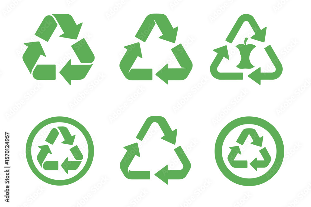 Fototapeta premium A set of 6 different recycling icons, including a green recycle sign, is presented on a white background, symbolizing reuse, renewal, and composting of food waste in a vector illustration with a flat