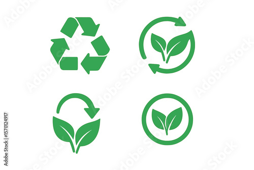 Vector illustration of a sustainability icon set featuring green arrows, leaves, and recycling symbols, representing biodegradable, compostable, and renewable natural materials, with the message