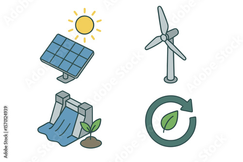 Eco-friendly power, renewable energy idea, represented through isometric illustrations and collections
