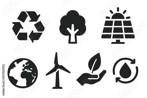 Vector icon set featuring eco and sustainability glyphs, including recycle, tree, solar panel, wind turbine, environment, renewable energy, and conservation concepts in black silhouette illustration