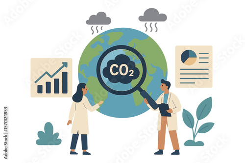 Illustration of tiny people examining Earth's climate change through a magnifying glass, symbolizing carbon footprint impact analysis and global environmental pollution due to CO2 emissions in a