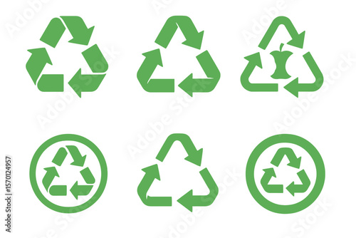 A set of 6 different recycling icons, including a green recycle sign, is presented on a white background, symbolizing reuse, renewal, and composting of food waste in a vector illustration with a flat