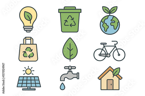 Eco lifestyle line icons representing the ecology concept, available in pixel perfect 64x64 and editable stroke formats