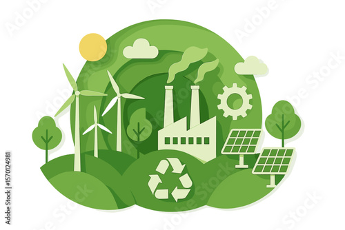 Eco friendly green industry and renewable energy, with a green background made of paper art, representing ecology and environment concept, as a vector illustration
