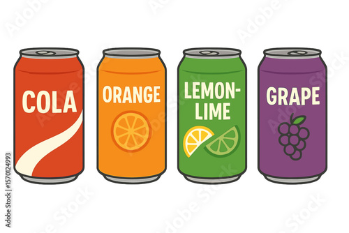 Illustration of assorted brand name soda cans in vector format showcasing multiple flavors