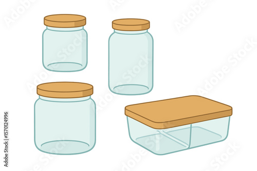 Vector illustration of a set including glass jars and a lunchbox, featuring a cartoon isolated empty kitchen box for food storage, along with an eco container that has a wooden lid, a transparent