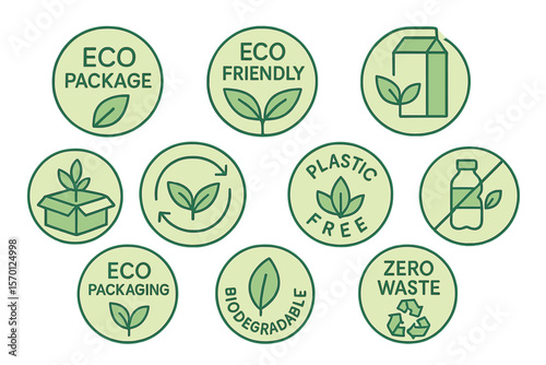 A collection of vector linear circle design elements, including logo templates, icons, and badges, suitable for eco-friendly packaging
