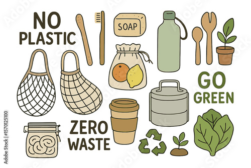 Collection of hand drawn zero waste lifestyle elements, promoting a plastic free and eco friendly environment