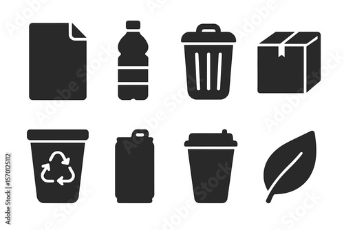 Eco-friendly symbols in silhouette style for recycling and waste management, including paper, bottle, trash can, box, recycle bin, can, cup, and leaf, representing sustainability and green awareness