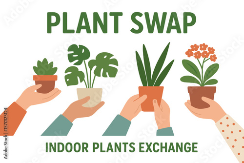 Vector flat cartoon illustration of hands holding potted flowers, representing an ecological lifestyle at a houseplants market, indoor plants exchange, or plant swap party