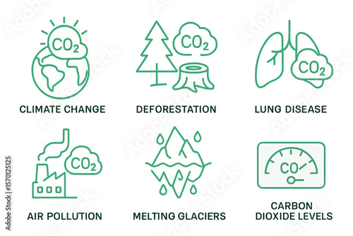 Collection of flat line icons representing the risks of carbon dioxide (CO2), including climate change, deforestation, air pollution, lung disease, melting glaciers, and carbon dioxide levels