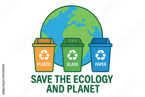 Save The Ecology and Planet by recycling concept with three recycle bins for plastic, glass and paper in front of a world globe with text below, colored vector illustration’ becomes ‘Concept to Save