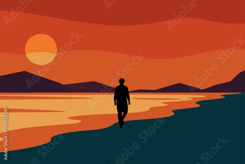 Lone Figure Walking on Beach at Sunset