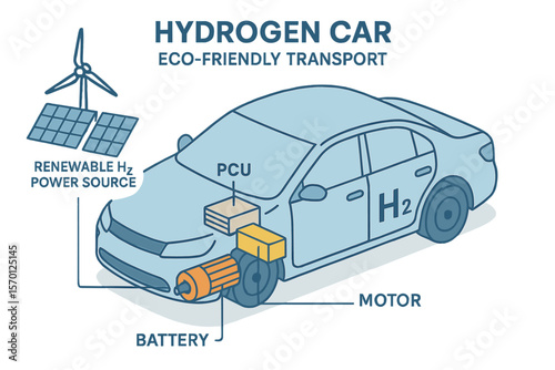 Detailed illustration of an Isometric Hydrogen car schematic, showcasing a renewable H2 power source, with labeled components including the motor, battery, and PCU for environmentally friendly