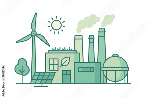 Illustration of an industrial plant with an eco-friendly concept that incorporates green energy