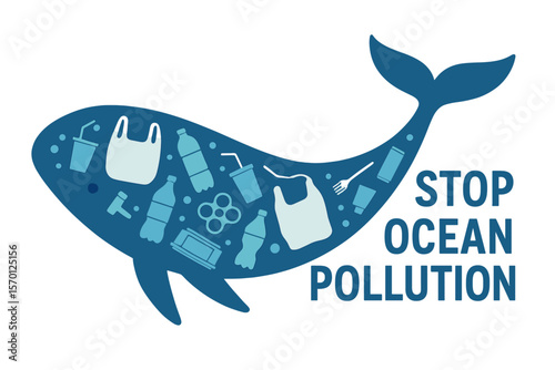 A whale filled with plastic waste info graphic art in vector format conveys the ‘Stop Ocean Pollution Message